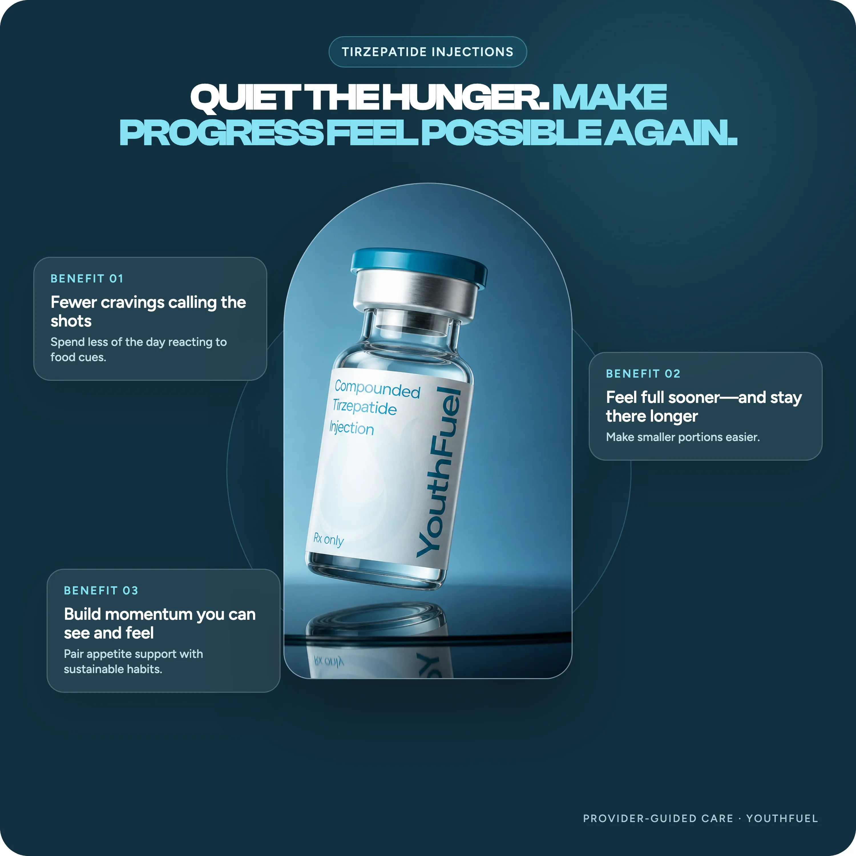 YouthFuel Tirzepatide Injections benefits: fewer cravings, earlier fullness, and sustainable weight progress.